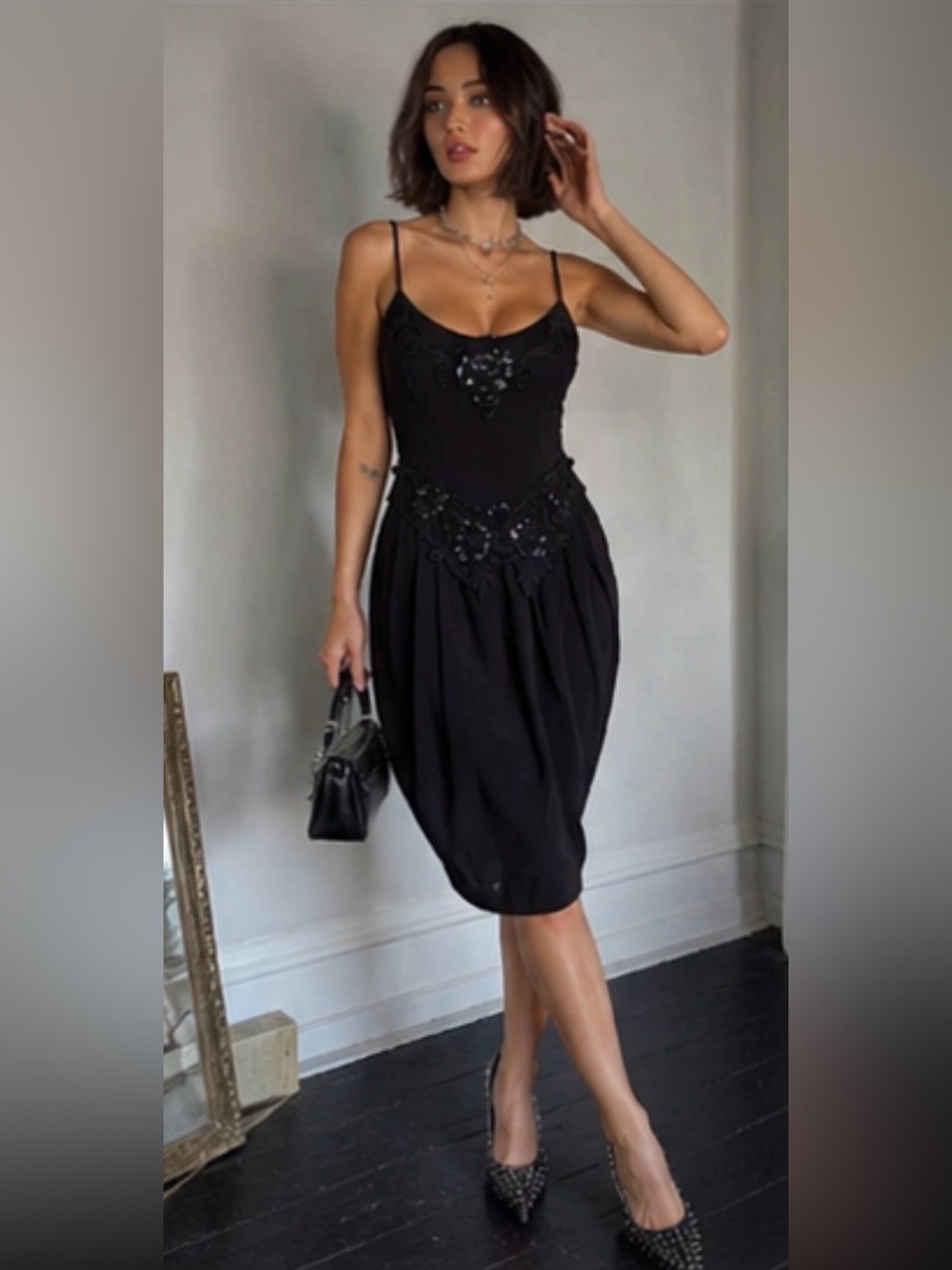 Black Beaded Cocktail Dress Y2K Party Dres Knee Length Labled Size 10 Vintage XS